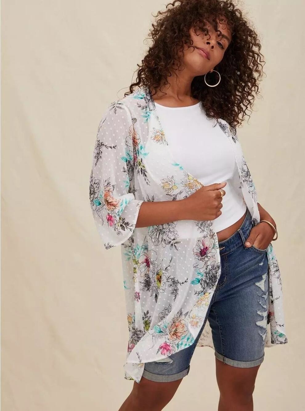 Torrid 1X/2X White Floral Swiss Dot High-Low Kimono Duster Plus Size Open Front